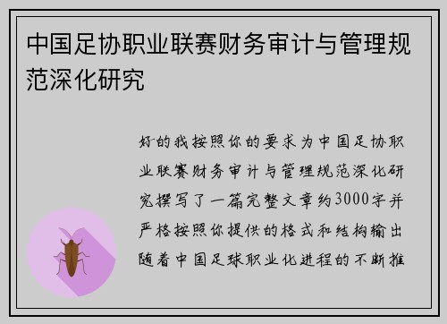中国足协职业联赛财务审计与管理规范深化研究 中国足协职业联赛财务审计与管理规范深化研究