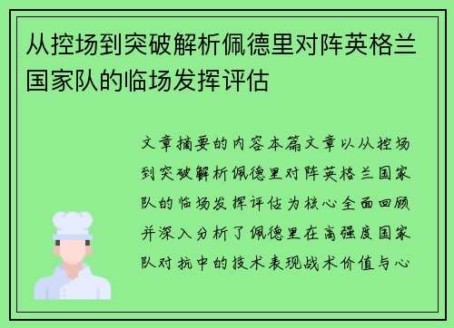 从控场到突破解析佩德里对阵英格兰国家队的临场发挥评估